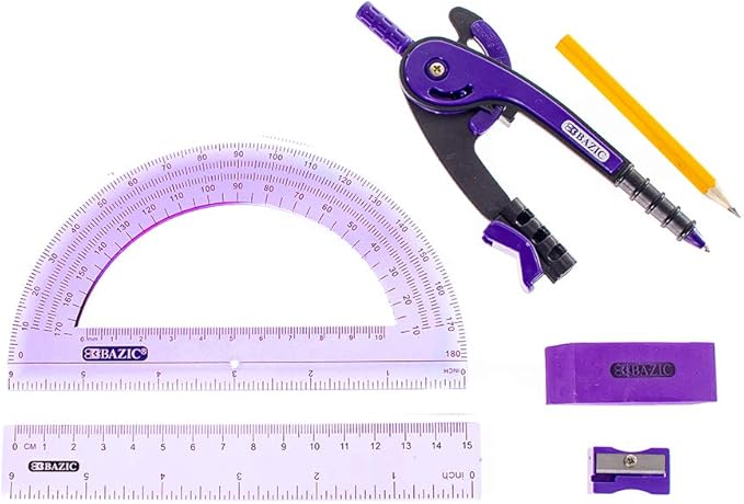 West Coast Paracord 5 Piece School Kit with Zipper Pouch – Colored Compass, Protractor, Ruler, Eraser, Sharpener – Geometry and Math Tool Set (Purple)