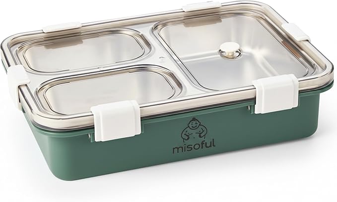 Bento Lunch Box for Kids Age 8+, Teens, Adults - 1000ml Stainless Steel School Lunchbox, 3 Compartments, Non-Microwavable, Compact BPA-Free Food Container for School Lunches, Snacks, Travel - Green