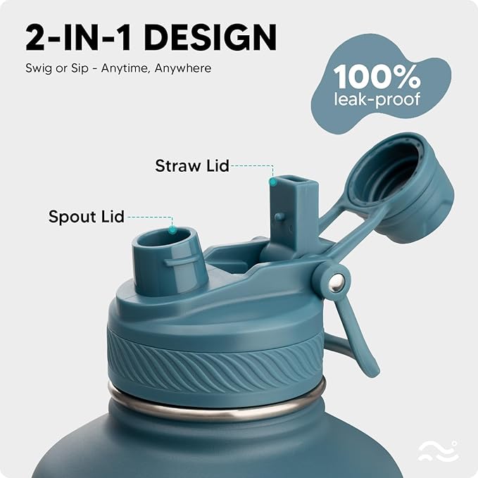 Swigina] 64 oz Insulated Water Bottle with Silicone Boot (48hrs Cold/24hrs Hot) - DIY Stickers, Leakproof, BPA Free, Half Gallon [2-IN-1 LID