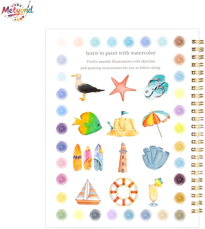 Metyond Beginner Watercolor Workbook Kit - Watercolor Painting Kit with 1 Workbook 12 Colors Paint Set with Brush, Beginner Friendly Watercolor Paint Set Gift for Adults Teens (Seaside)