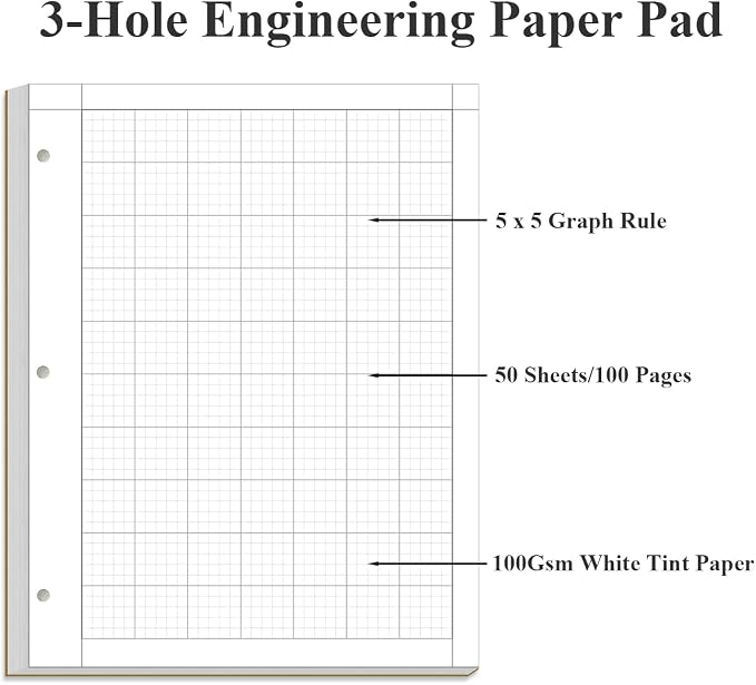 Yaridar Engineering Computation Pad - 50 Sheets/100 Pages Graph Paper, 5 x 5 Graph Rule on Back, 3-Hole Engineering Notebooks, 100 Gsm White Tint Paper, 8-1/2" x 11"