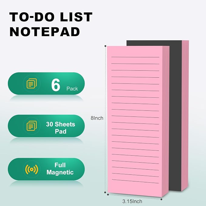 Magnetic Notepads Note Pads for Fridge with Full Magnet Back, 180 Sheets Pink Lined Refrigerator Notepad, 30 Sheets Per Pad for Grocery List, Shopping List, Office, Home, To-Do Lists & Memos