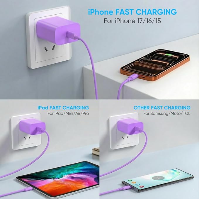 iPhone 17 16 15 Charger Fast Charging 6FT+10FT Cable, 20W USB C Charger, USBC Wall Charger for i Phone 17 Air 16 16e/16 Pro/16 Pro Max/15/15 Plus/15 Pro/15 Pro Max,i Phone iPad Pro/Mini (Purple)