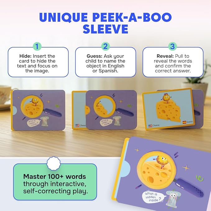 Kidrox 100 First Words Flash Cards for Toddlers, English with Spanish Learning Cards, Preschool Vocabulary & Speech Development Toy with Peek-a-Boo Sleeve for Memory Enhancement & Pattern Recognition