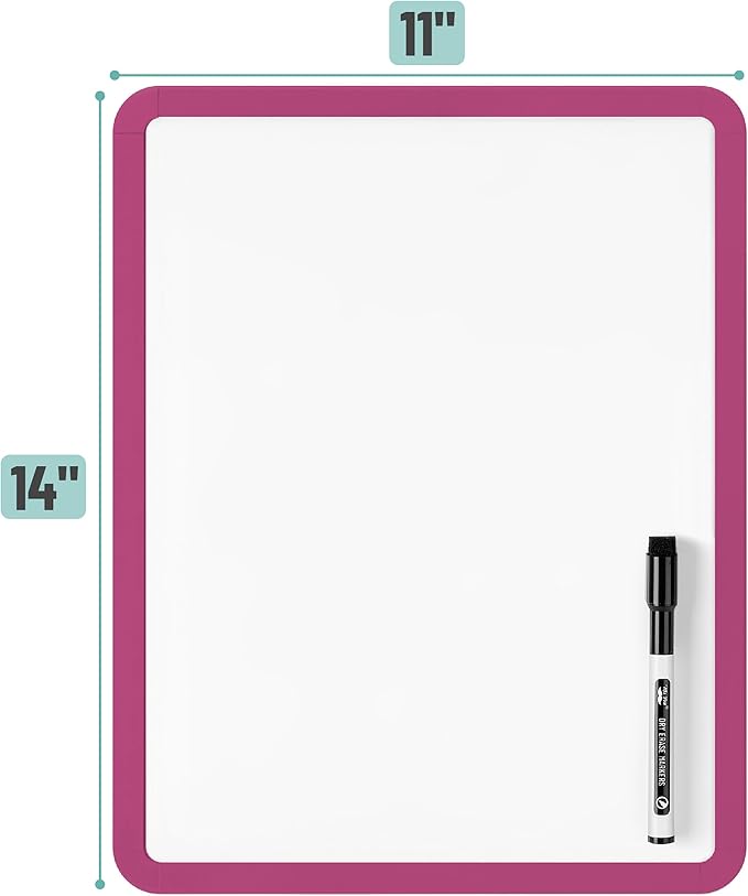 Mr. Pen- Dry Erase Board, 14” x 11” with a Black Dry Erase Marker, Magenta Frame, Small Mini White Board for Students, Fridge, Wall, Locker, Includes Double Sided Tapes