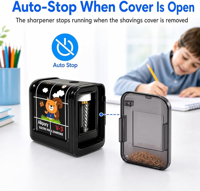 Battery Operated Electric Pencil Sharpener for Kids, Auto Stop Safety Switch, Fast Pencil Sharpener for No.2 and Colored Pencils, Portable Desk Sharpener for School, Home, Office, Black