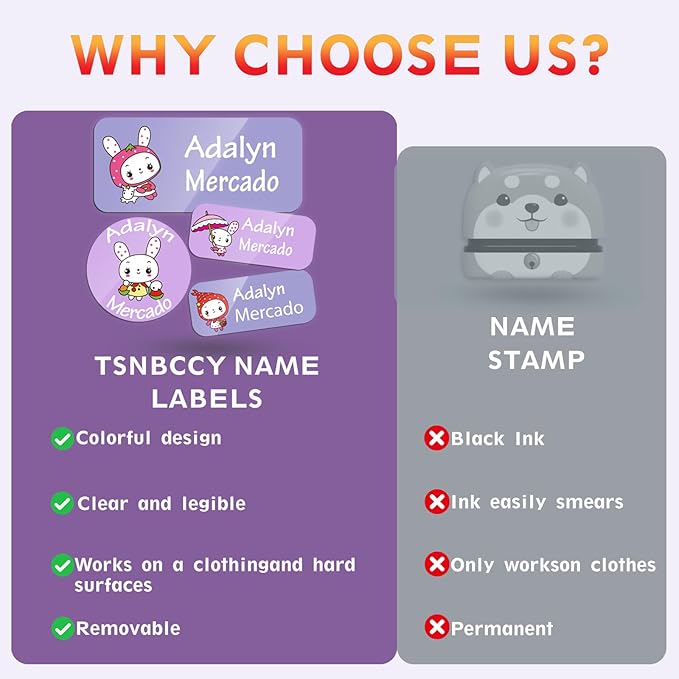 Custom Personalized Name Labels for Kids-(200-1000Labels) Waterproof Name Stickers Tags for School&Daycare,Clothing Tags,Washable&Durable Labels for Lunch Boxes, Bottles,Toys&GEA (Rabbit)