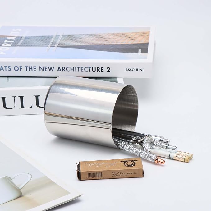 MEI YI TIAN Stainless Steel Cylinder Pen Holder Silver Desktop Organizers Pencil Cup Stand Up Multi Use Makeup Brush Holder Flower Vase Mini Pot Decor