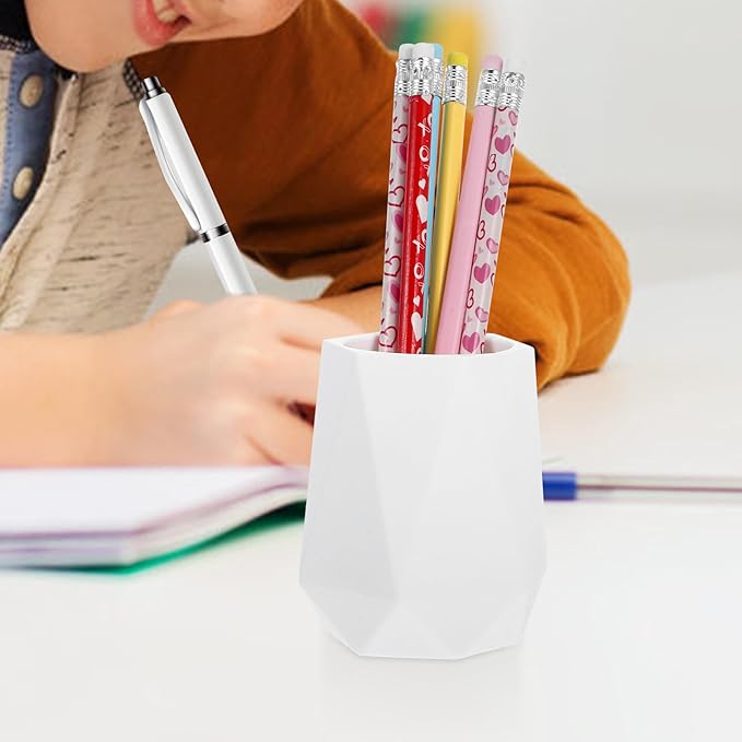 Veemoon Silicone Geometric Pencil Holder Pen Cup Small Desk Organizer Vase for Office Makeup Brush Stand White