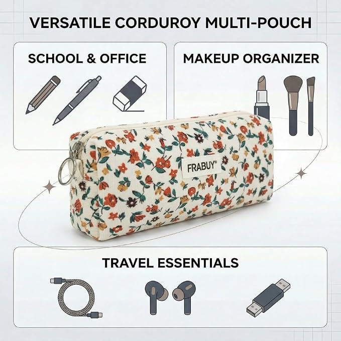 Soft Corduroy Pencil Case Pen Pouch Organizer, Small Stationery Bag | Off-white small floralpencil pouch, smooth zipper, daily cosmetics holder, compact organizer for school teen girls, women