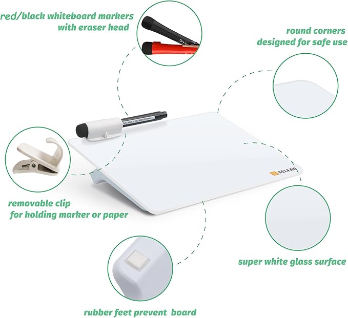 SELEAD Small Dry Erase White Board - 8"x6" Handheld Desktop Glass Clipboard with Pen Holder, Memo Note Whiteboard for Home Office, Reusable Tabletop Writing Teaching Pad