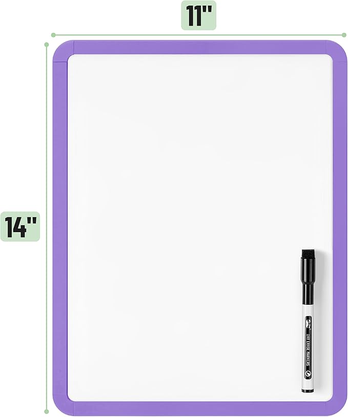 Mr. Pen- Dry Erase Board, 14” x 11” with a Black Dry Erase Marker, Purple Frame, Small Mini White Board for Students, Fridge, Wall, Locker, Includes Double Sided Tapes