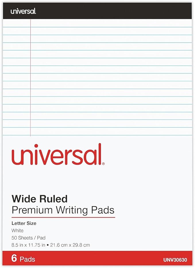 Universal 30630 Premium Ruled Writing Pads, White, 8 1/2 x 11, Legal/Wide, 50 Sheets, 6 Pads