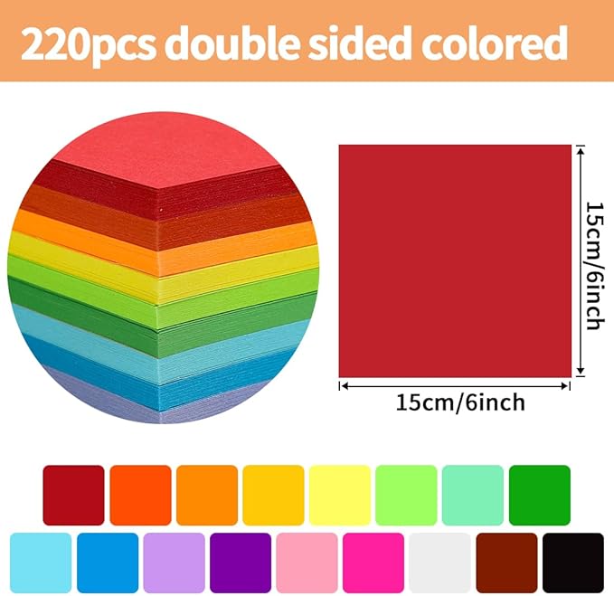 Praisebank Red Origami Paper, 220pcs 6x6 inch, Double Sided Color, Origami Paper Kit for Crafts, Origami Kit.