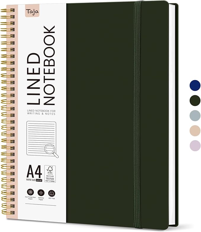 Taja Spiral Lined Notebook, 8.5"x11" Notebooks for Work, Large A4 Journal for Women & Men, College Ruled Journaling Notebook for Writing, Plastic Cover Spiral Journal, Olive