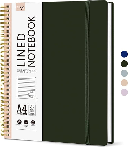 Taja Spiral Lined Notebook, 8.5"x11" Notebooks for Work, Large A4 Journal for Women & Men, College Ruled Journaling Notebook for Writing, Plastic Cover Spiral Journal, Olive