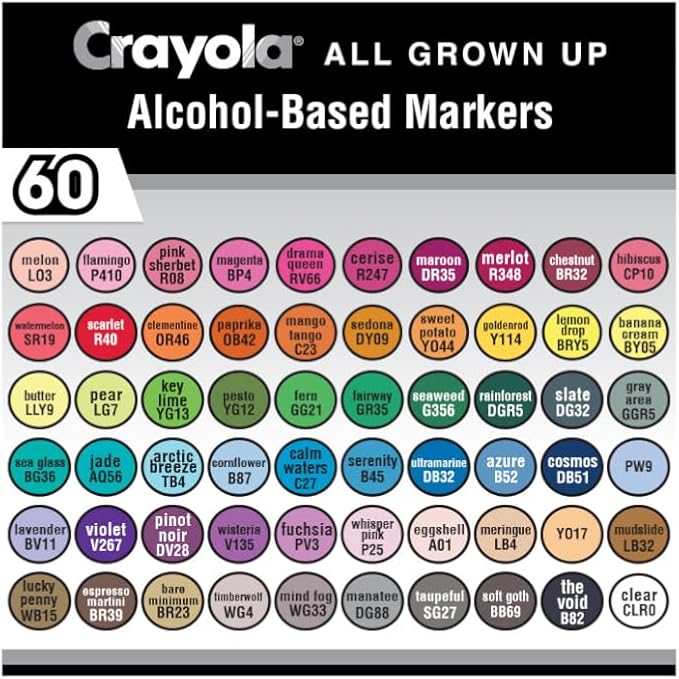 Crayola Dual Tip Alcohol Marker Set for Adults, 60ct, Fine & Brush Tips, Blending Markers for Adult Coloring, Art Supplies, Gifts, Ages 14+ [Amazon Exclusive]
