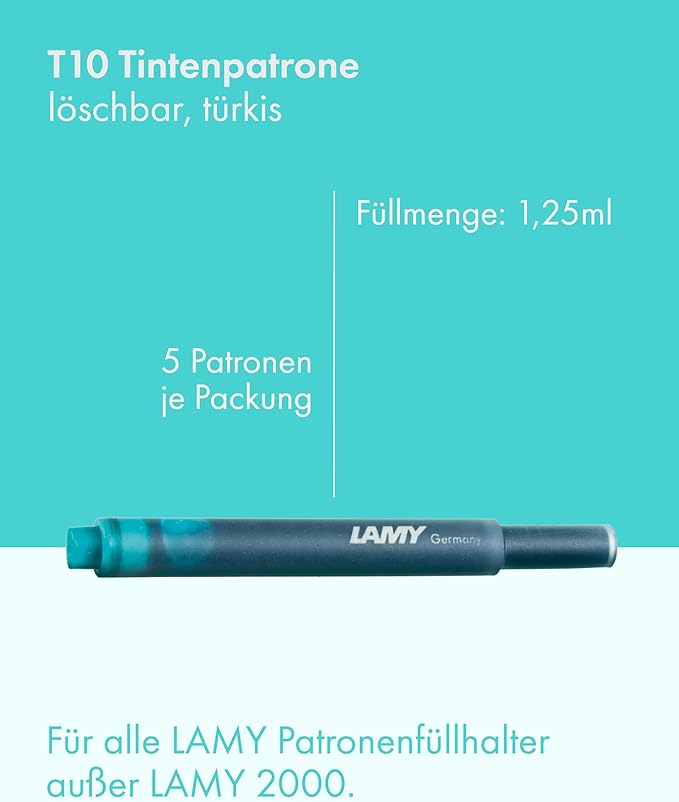 LAMY T10 Set of 2 Ink cartridges with Large Ink Capacity - Suitable for All Lamy Fountain Pen Models - Contents 1.25 ml per Cartridge - 5 Pieces per Pack - Ink Color Turquoise