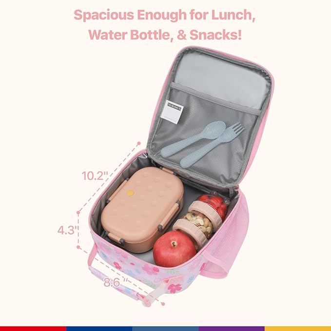 Bagseri Kids Lunch Box for Girls - Insulated Toddler Lunch Bag Fits Bento Box, Reusable Daycare Cooler Tote with Clip Handle, Water-Resistant Lining, Pink Floral