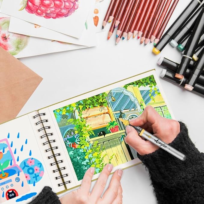 8.3x5.8 Sketch Book, Top Spiral Bound Sketch Pad, 60sheets 92lb/150gsm Nature White Paper, Acid-Free Mixed Media Paper for Painting, Dawing & Art Supplies.N-Green