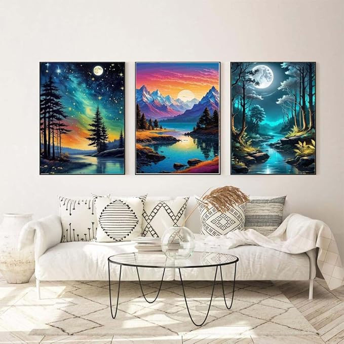 4 Pack Paint by Numbers for Adults with Framed Canvas - with Wooden Easel, Beach Paint by Number on Canvas, DIY Moon Landscape Acrylic Oil Painting Kits with Brushes for Home Wall Decor (8x12 inch)