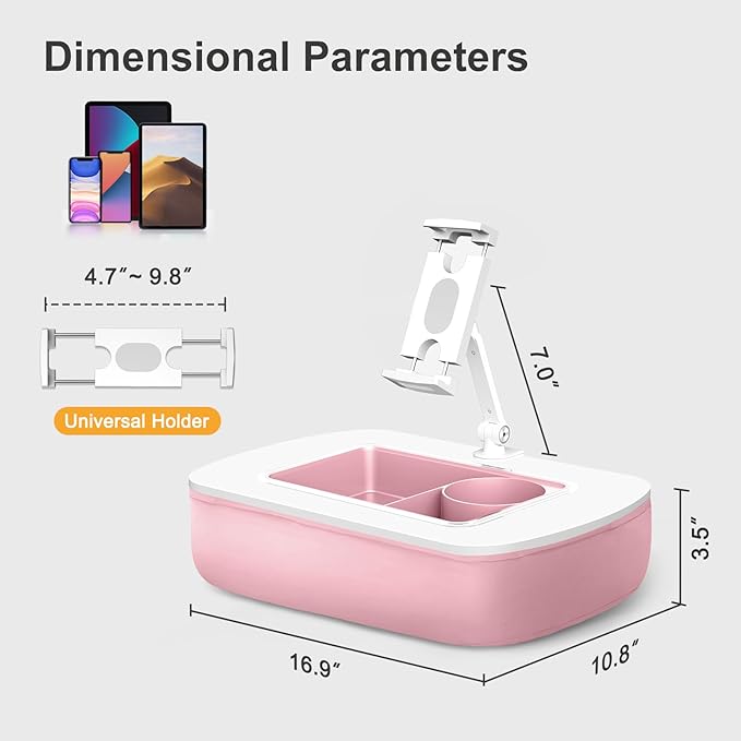 ERGONOV Tablet Pillow Stand for Lap Use with Snack Bowl and 360° Rotating Arm, Adjustable iPad Holder for Bed, Couch, and Recliner, Compatible with 4.7"-13" Kindle, iPad, Tablet, Phone,Pink