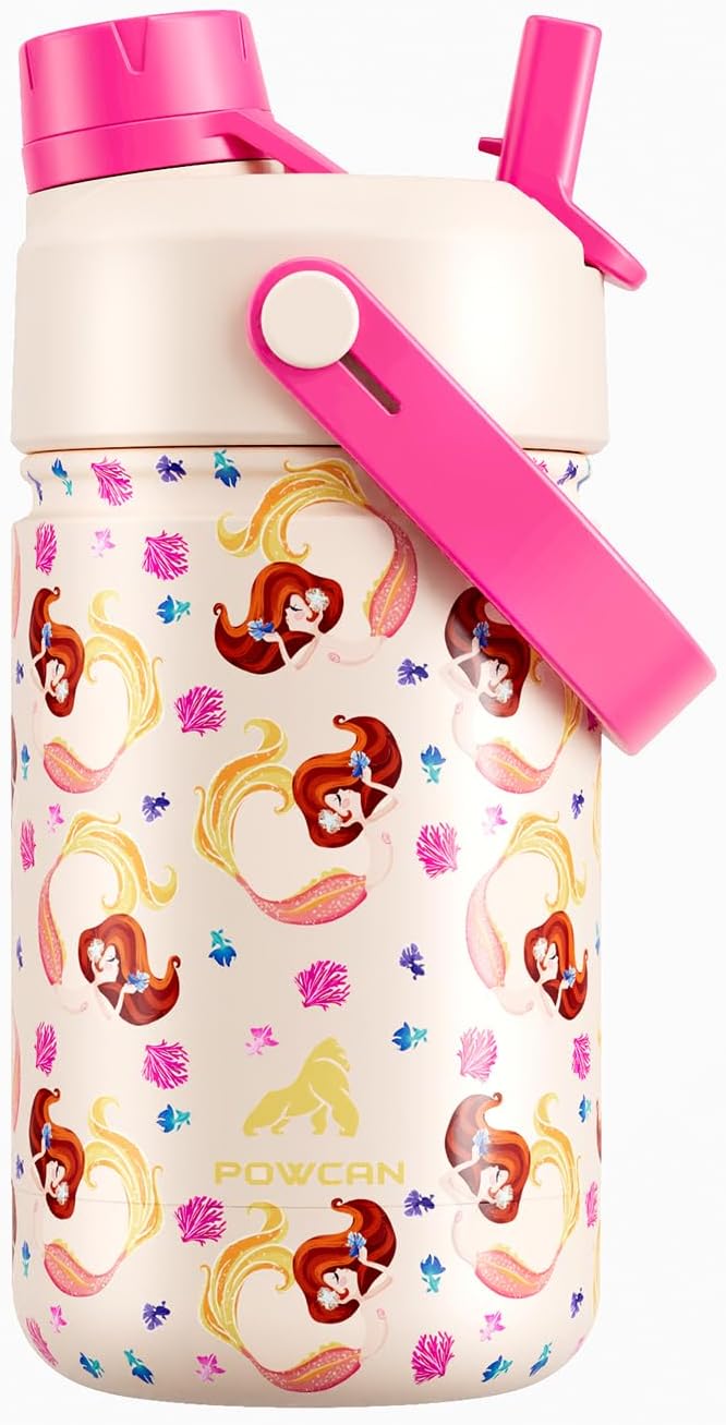 12 oz Kids Insulated Mermaid Water Bottle for School: 2-in-1 Straw Spout Lid, Leakproof, BPA-Free, Keep Cold 24H, Reusable Stainless Steel Cup, Birthday Gift for Girls Daughters (Coral Princess)