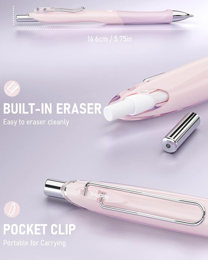 Nicpro 6PCS Pastel Mechanical Pencil Set 0.7 mm, Cute Mechanical Pencils with Comfort Grip with 12 Tubes HB Lead Refill, 3 Eraser, 9 Eraser Refills for Student Writing, Drawing, Sketching- with Case