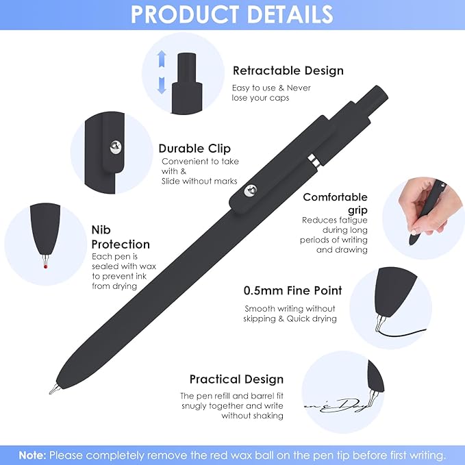 Gel Pens, 6PCS 0.5mm Black Ink Fine Point Pens With Smooth Writing, Office Supplies, Anniversary Birthday Gifts for Men Women, Quick Dry Pen For Journaling, Nurse Aesthetic Pen (Elegant Black)