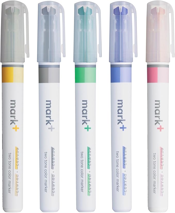 KOKUYO Fluorescent Highlighters, 2 Tone Chisel Tip Bible Markers in Assorted Colors, No Bleed Quick-Dry Art Marker for Journal, Planner, Notes. Japan Import (PM-MT100-5S2)