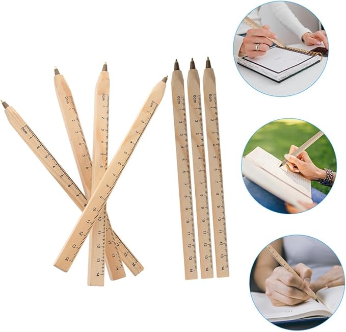 Abaodam 20pcs Natural Biodegradable Wooden Ballpoint Pens with Printed Ruler Black Ink Signature Wood Pens for Carpenter Marking and Office Use