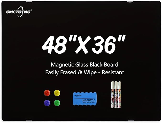 Black Magnetic Glass Dry Erase Board 48" x 36", Tempered Glass Whiteboard, Frameless Wall Mounted Dry Erase Board for Office, Home & Classroom, Easy Clean, Durable & Stain Resistant