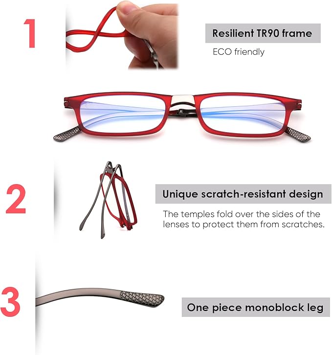 SKYOAK Evolved Folding Reading Glasses For Women Men Blue Light Blocking Anti UV Eyestrain Foldable Portable Compact Readers with Flat Hard Case Pocket Computer glasses 1.5 RED