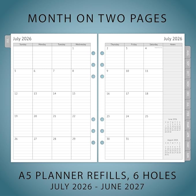 newestor 2026-2027 A5 Planner Inserts, Filofax A5 Compatible, Jul 2026 - Jun 2027, Weekly and Monthly Appointment Book Pages, Tabbed, 6 Holes