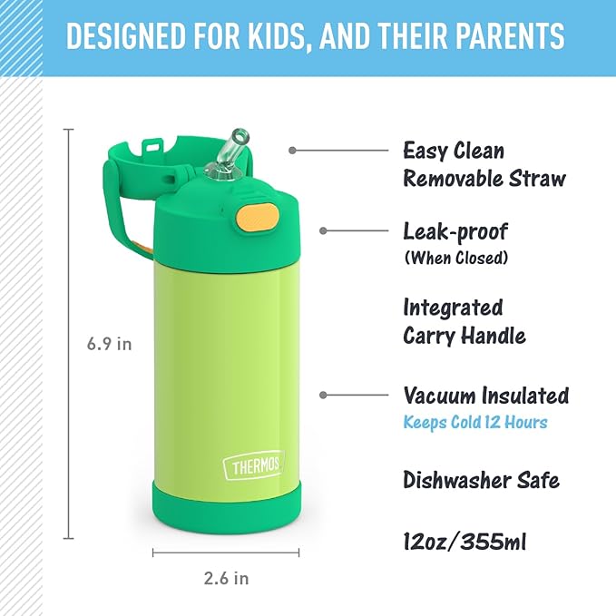 THERMOS FUNTAINER Water Bottle with Straw - 12 Ounce - Kids Stainless Steel Vacuum Insulated Water Bottle with Lid, Lime/Orange