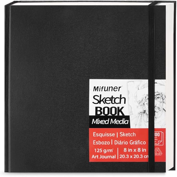 E-WEICHEN Mixed Media Sketch Pad, 8 x 8 inches 125 GSM (100 Sheets/200 Pages) Sketchbook for Drawing, Hardcover Mix Media Art Sketchbook for Wet and Dry Media,Painting,Drawing. 8X8