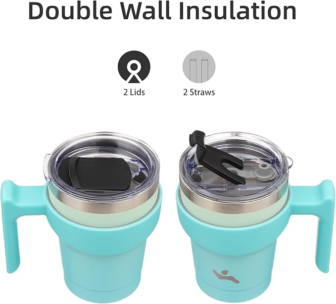 Konokyo 10 oz Tumbler with Handle and 2 Straw 2 Lid, Insulated Water Bottle Stainless Steel Vacuum Cup Reusable Travel Mug, Mint
