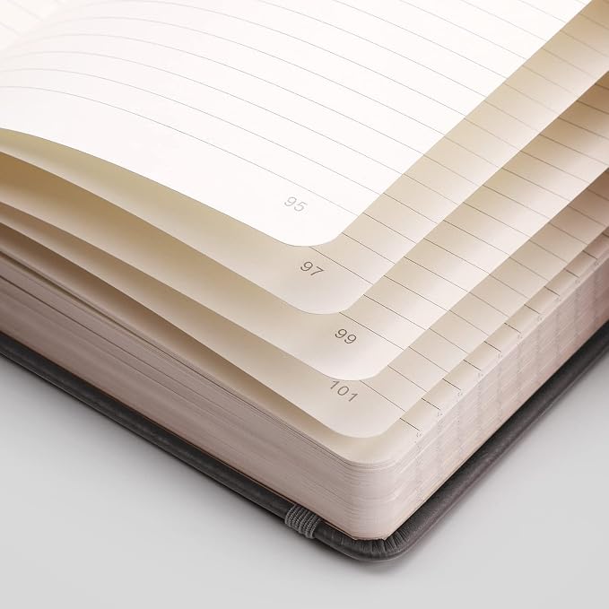 EMSHOI A5 College Ruled Notebook, 256 Numbered Pages 120GSM Ink-Proof Faux Leather Hardcover Lay-Flat Lined Journal for Work Office School Travel Writing, Small 5.75" x 8.38", Dark Grey