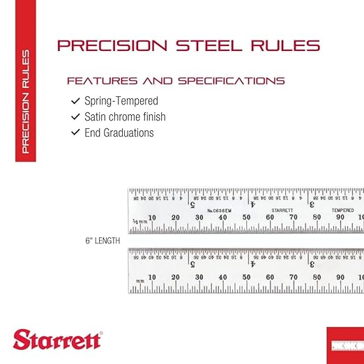 Starrett Spring Tempered Steel Rule with Satin Chrome Finish, Millimeter and Inch Graduation - 6" Length, 36 Graduation Type, 1.2mm Thickness - C636EM-6