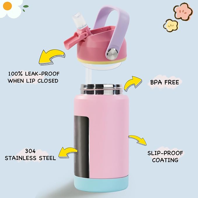 Kerilyn 12oz Kids Water Bottle 2 Pack, Stainless Steel Insulated Water Bottle Bulk, Toddler Cups with Straws Leak-Proof, Kids Water Bottles for School Boys Girls, BPA Free, Rose Red+Charm Pink