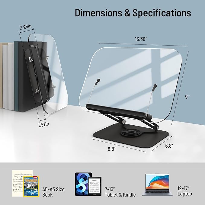 Acrylic Book Stand for Reading Hands Free - Adjustable 360° Rotating Cookbook Holder with Elastic Page Clips & Foldable Base, Multi-Angle Desktop Display Stand for Recipes, Laptops, Tablets, Bibles