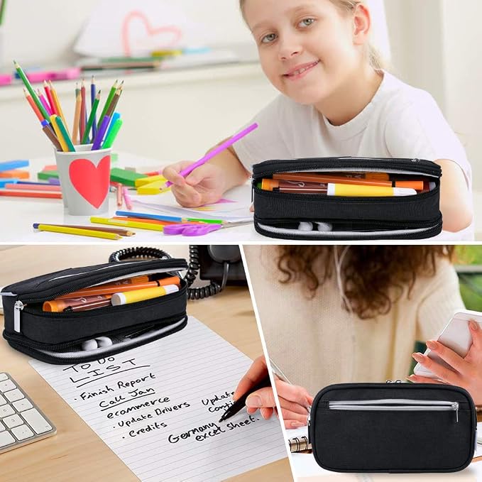 Large Capacity Pencil Case Big Storage Pencil Bag Pouch 3 Multifunctional Compartment Pen Marker Cases Holder Portable Office Stationery Organizer Supplies Makeup Bag, Black