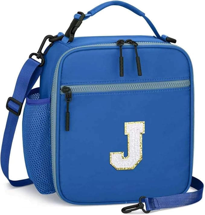 Initial Insulated Lunch Bag for Boys Kids, Back to School Gift, Reusable Leak-proof Lunch Box with Adjustable Strap for School Daycare Travel Picnic（Blue，J）
