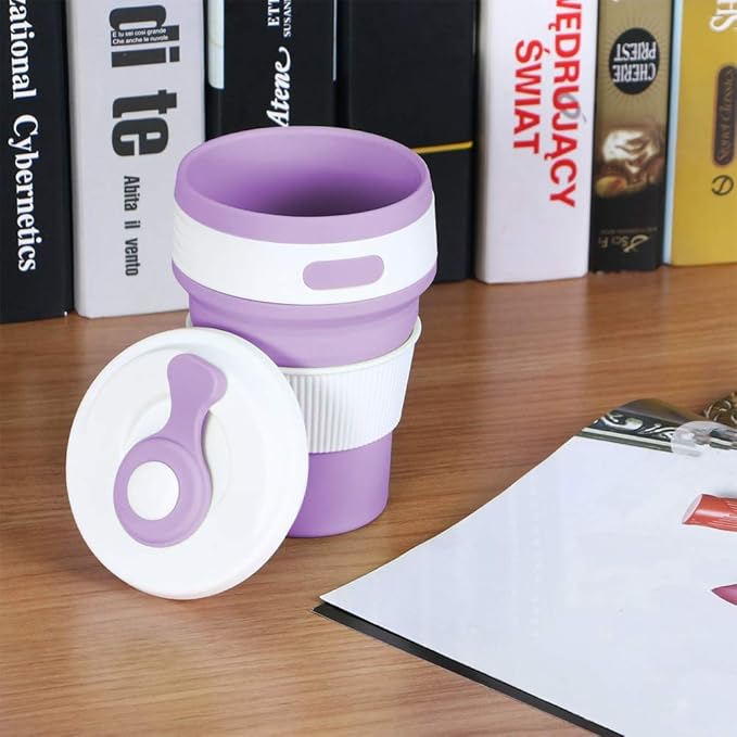 Fullgaden Silicone Collapsible Travel Cup,Portable Drinking Mug with Lid, Water, Coffee, Coca Cola and Snacks for Hiking, Camping, Picnic, Purple