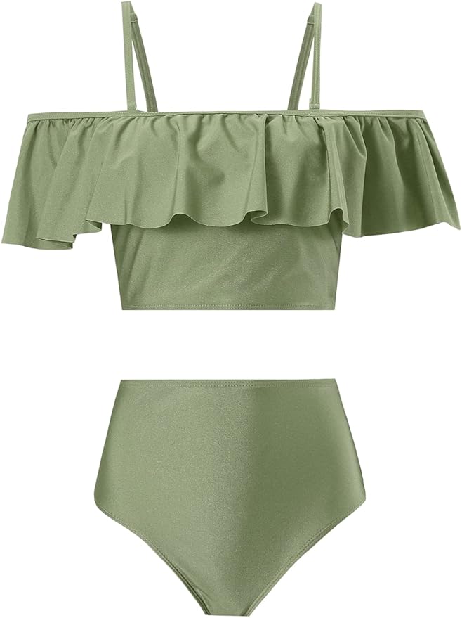 Kaei&Shi High Waisted Flounce Bikini Set,Tummy Control Swimsuits for Women,Off Shoulder