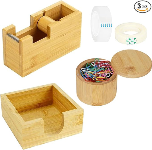 MultiBey Bamboo Desk Organizer Set, Magnetic Rotating Paper Clip Holder with Lid, Wood Tape Dispenser with Refills, Sticky Note Holder for Office & Home Desk Supplies (3-Piece Set)