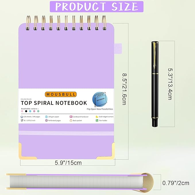 Top Spiral Notebook, A5 Hardcover Top Bound Steno Pads, 240 Pages 100gsm College Ruled Left Handed Notebook Journal for Work, School, Meeting Writing - Purple, 5.9" x 8.5"