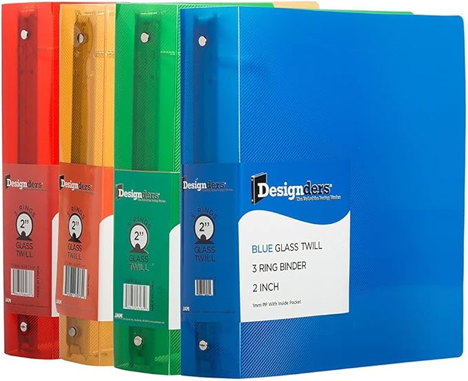 JAM PAPER Plastic 2 inch Binders - Assorted 3 Ring Binders (Red, Blue, Green & Orange) - 4/Pack