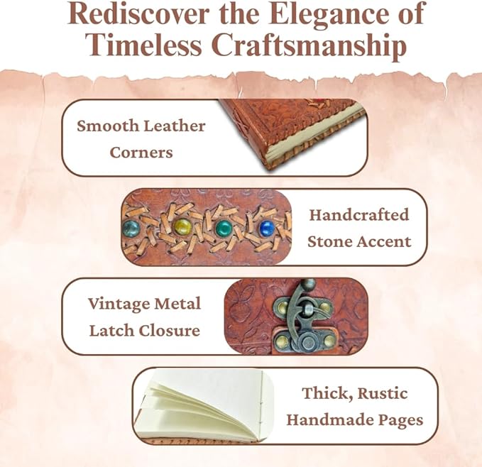 Vintage Leather Journal with Seven Chakra Stones – Handmade Embossed Diary Notebook, 200 Pages 125 GSM Leather Bound Writing Journal for Men & Women, 6x4 Inch