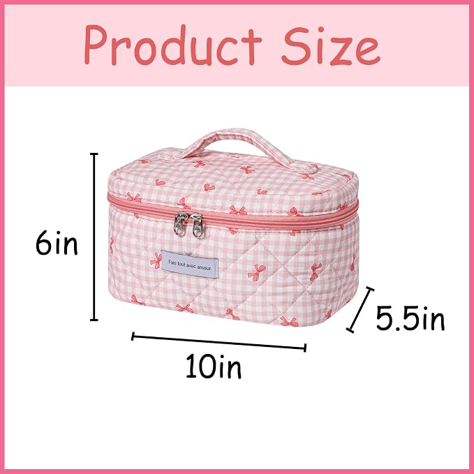 uekeboag Large Travel Quilted Makeup Bag for Women | Soft Floral Cotton Cosmetic Bag, Foldable Coquette Aesthetic Toiletry Organizer